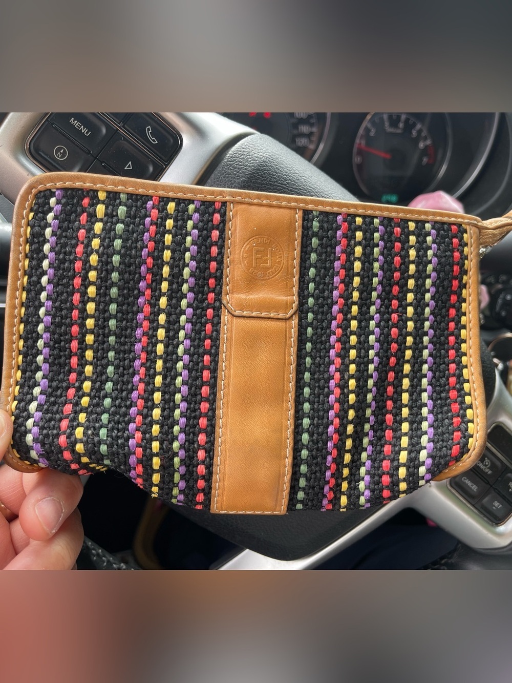 Fendi Black Woven Raffia Clutch with Tan Leather Trim and Multicolor Stitching